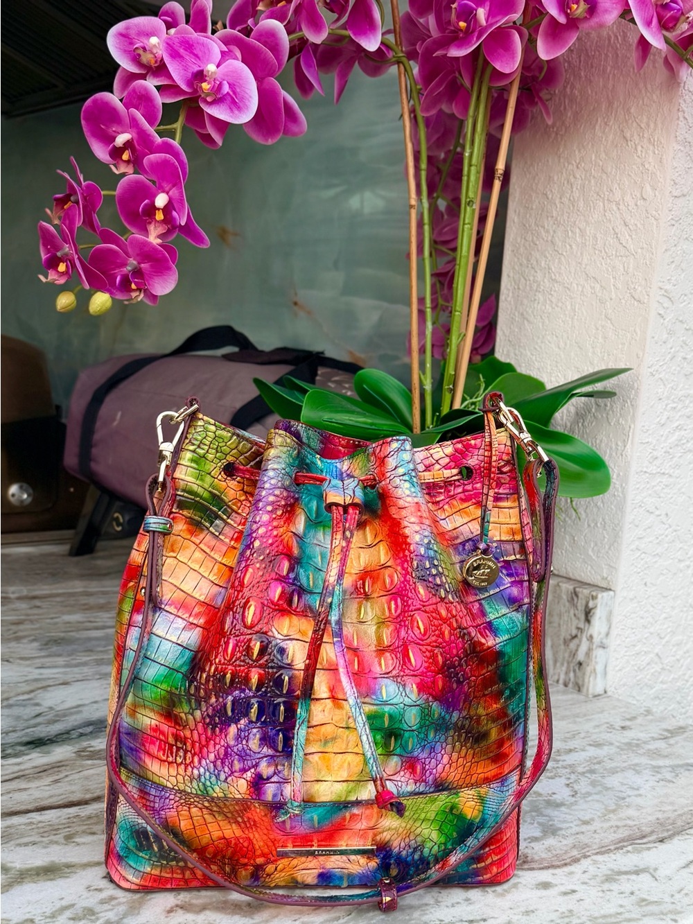 BRAHMIN Marlowe CrocEmbossed Leather BucketBag in Fallstruck Rainbow Colors NWOT - Picture 10 of 17